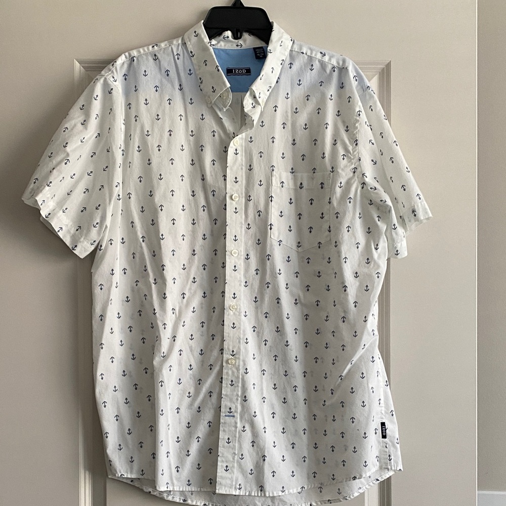 Izod White Shirt with Navy Anchor Pattern